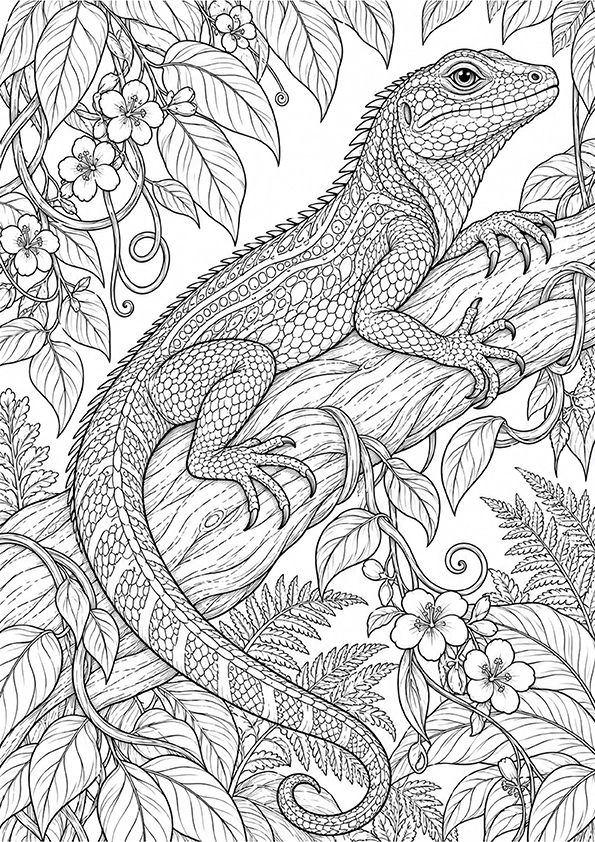 Botanical Lizard coloring page