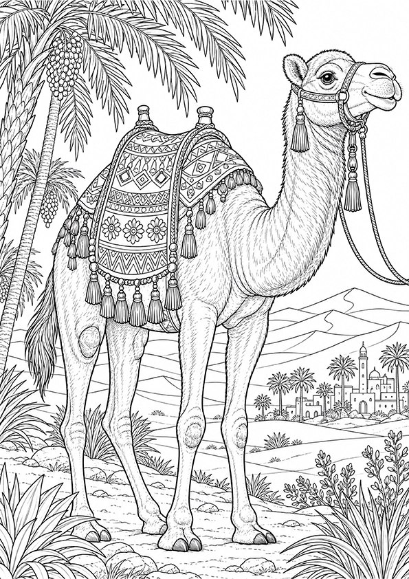 Decorated camel standing in a desert scene with palms and distant village