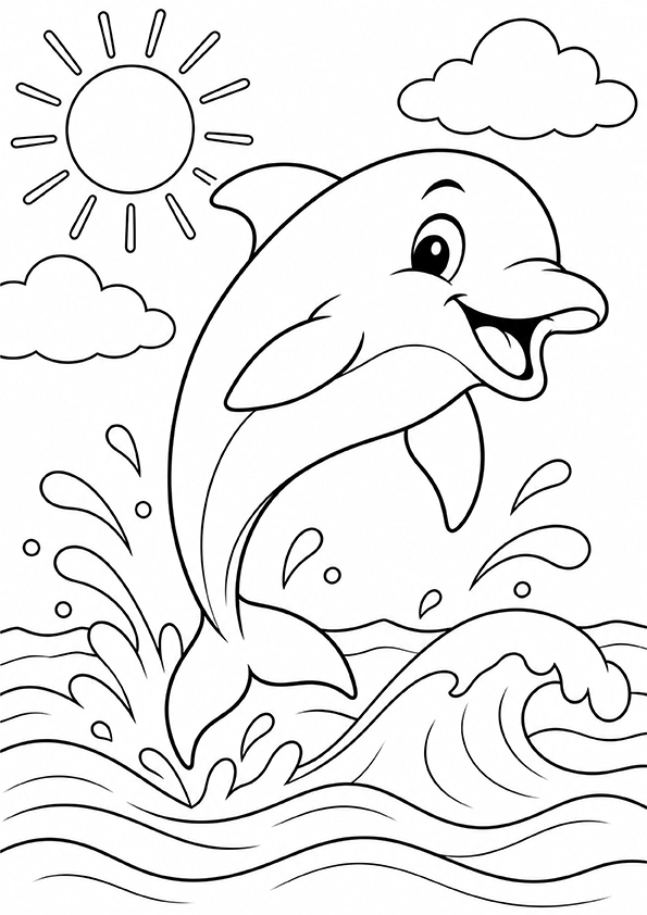 Smiling dolphin jumping above ocean waves with sun and clouds