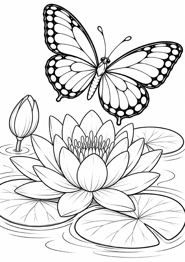 Butterfly Above A Lily Pond coloring page