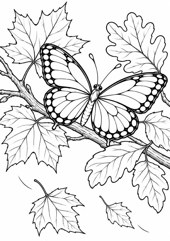Butterfly Among Autumn Leaves coloring page