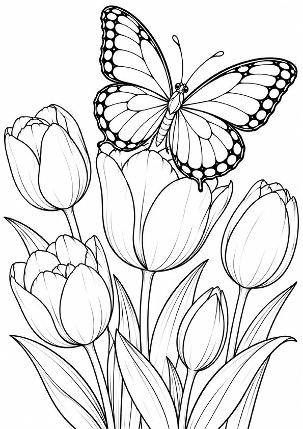 Butterfly Among Garden Tulips coloring page