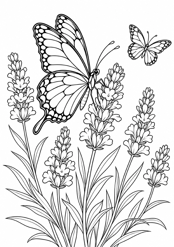 Butterfly Among Lavender Flowers coloring page