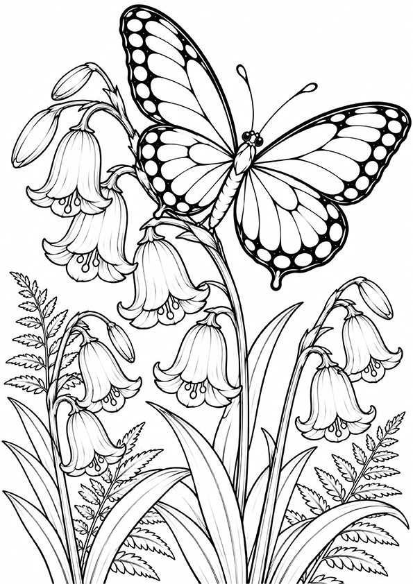 Butterfly Among Woodland Bluebells coloring page