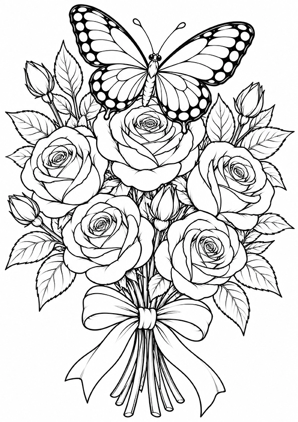 Butterfly And A Bouquet Of Roses coloring page