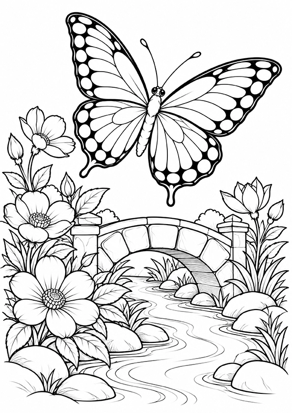 Butterfly And A Fairy Garden Bridge coloring page