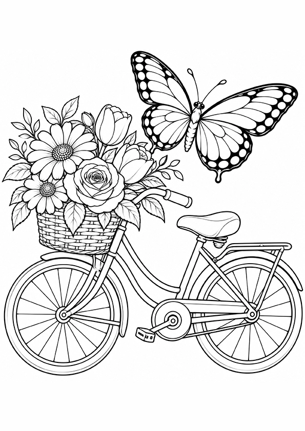 Bicycle with a basket of flowers and a butterfly above it