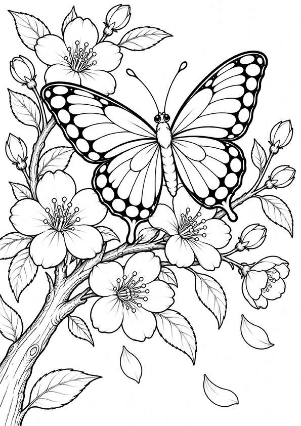 Butterfly And A Flowering Tree coloring page