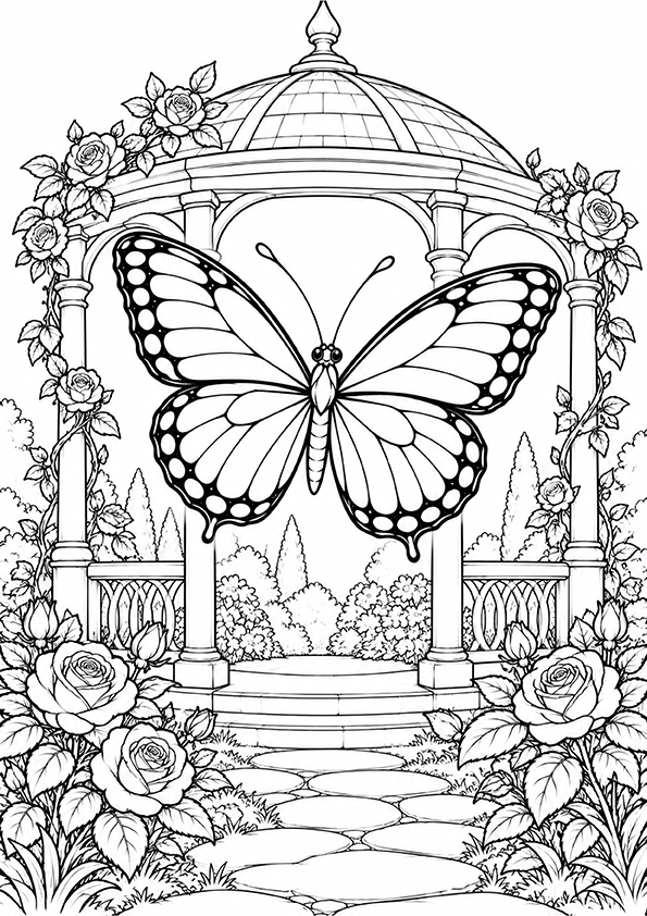 Butterfly And A Garden Gazebo coloring page
