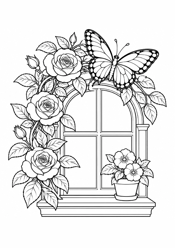 Butterfly And A Garden Window coloring page