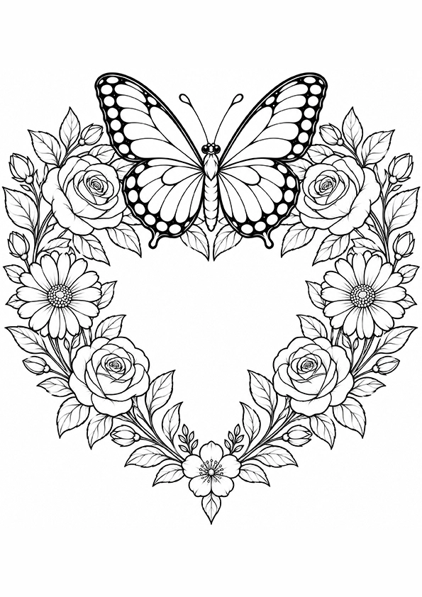 Butterfly And A Heart Of Flowers coloring page
