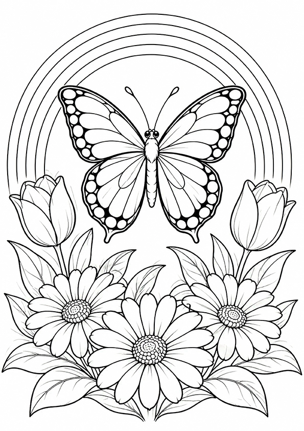 Butterfly And A Rainbow Garden coloring page