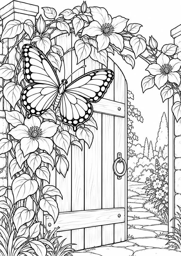 Butterfly And A Wooden Garden Gate coloring page