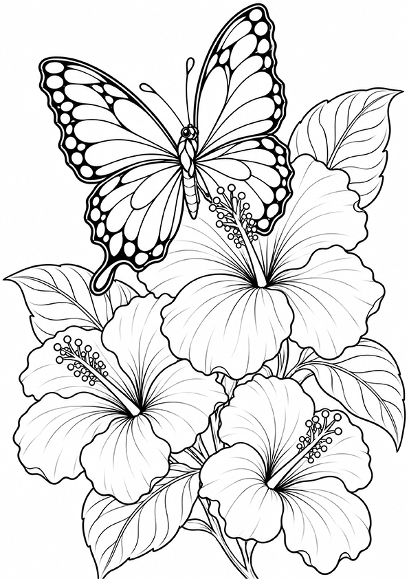 Butterfly And Hibiscus Flowers coloring page