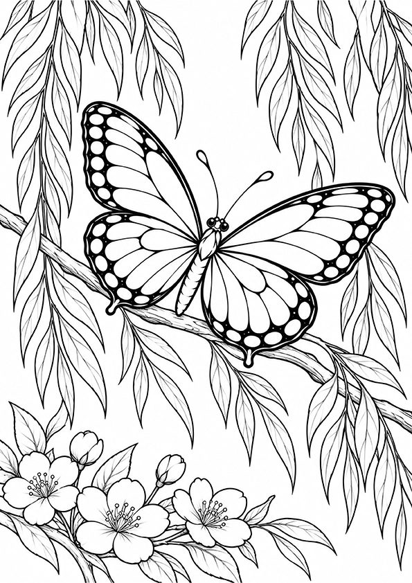 Butterfly And Willow Branches coloring page