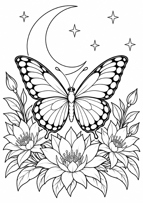 Butterfly Beneath The Crescent Moon coloring page