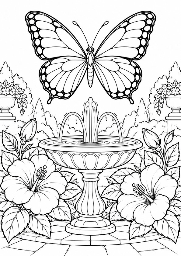 Butterfly Beside A Garden Fountain coloring page