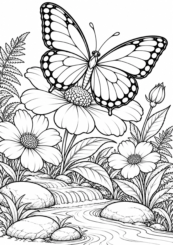 Butterfly Beside A Woodland Stream coloring page