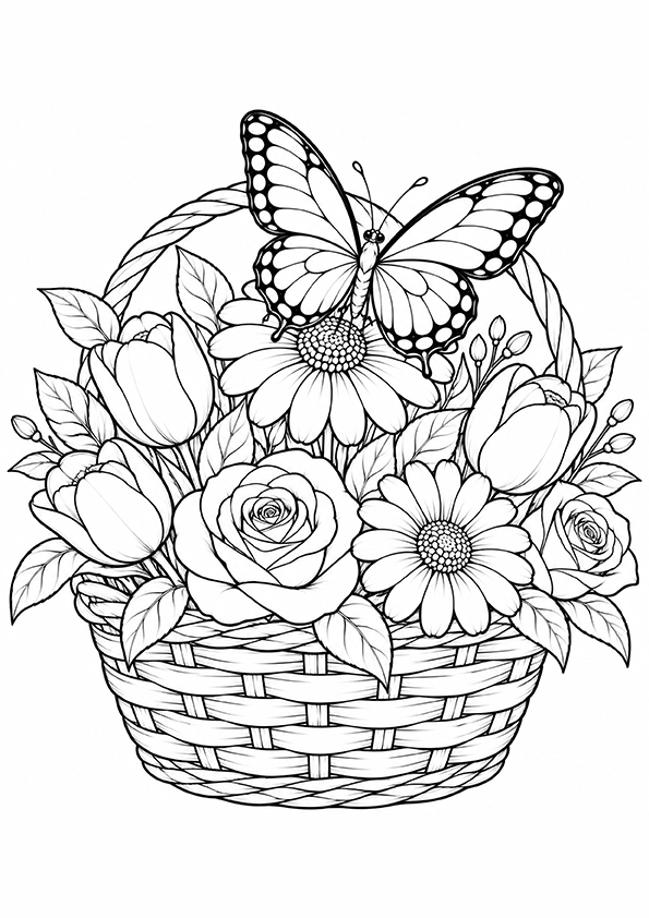 Butterfly In A Flower Basket coloring page