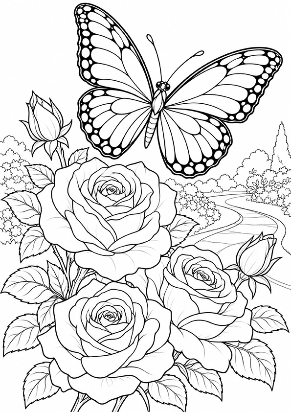 Butterfly In A Rose Garden coloring page