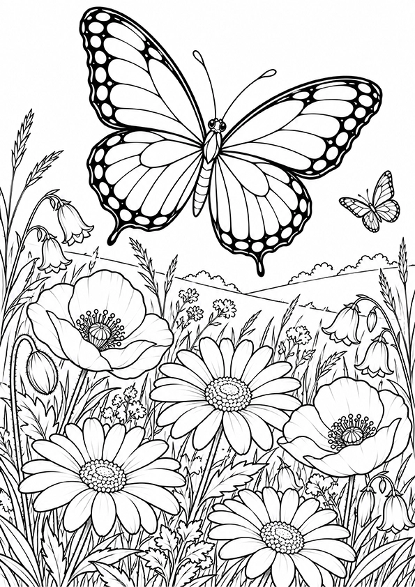 Butterfly In A Wildflower Meadow coloring page