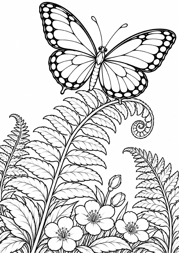 Butterfly On A Fern Leaf coloring page