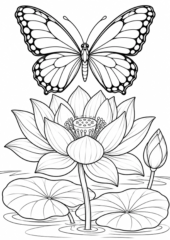 Butterfly On A Lotus Flower coloring page