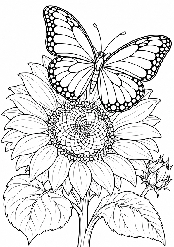 Butterfly On A Sunflower coloring page