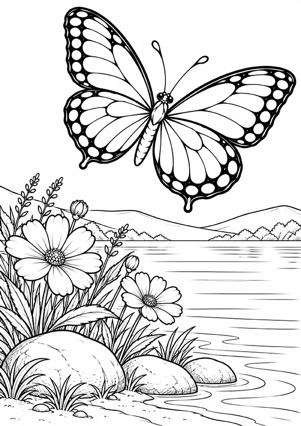 Butterfly Over A Peaceful Lake coloring page