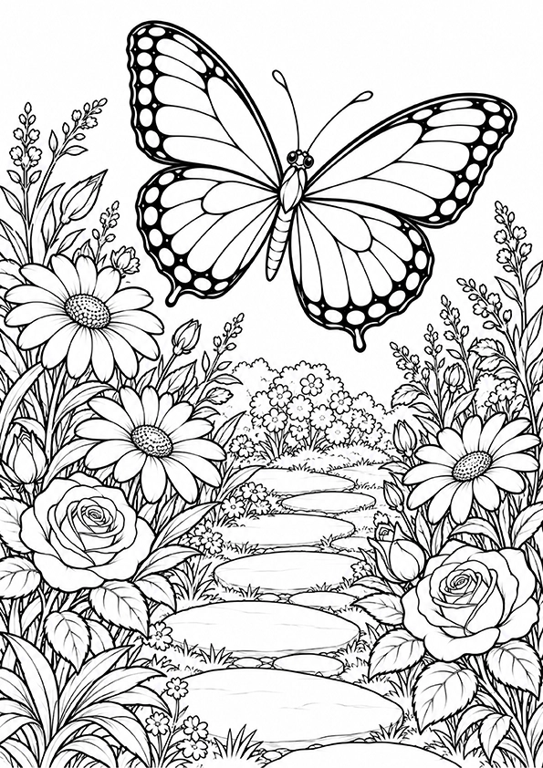Butterfly Over A Stone Garden Path coloring page