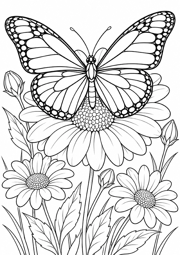 Monarch Butterfly On A Daisy coloring page