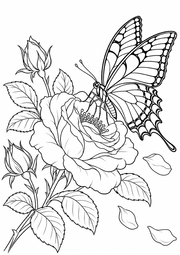 Swallowtail Butterfly And Wild Roses coloring page