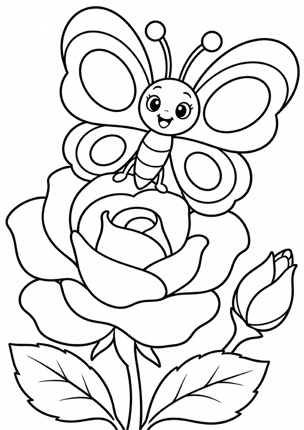 Butterfly And A Beautiful Rose coloring page