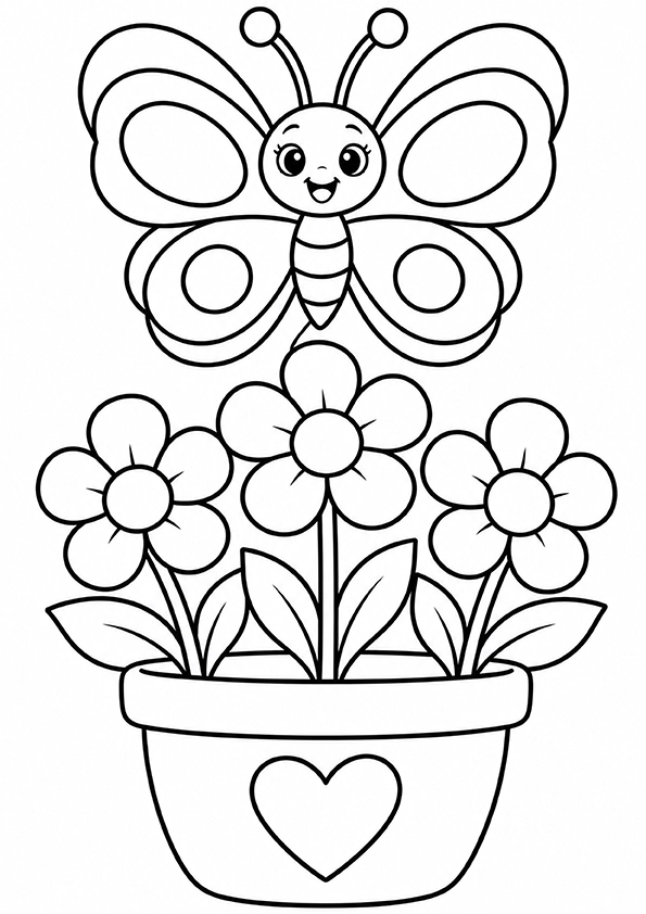Butterfly And A Flower Pot coloring page