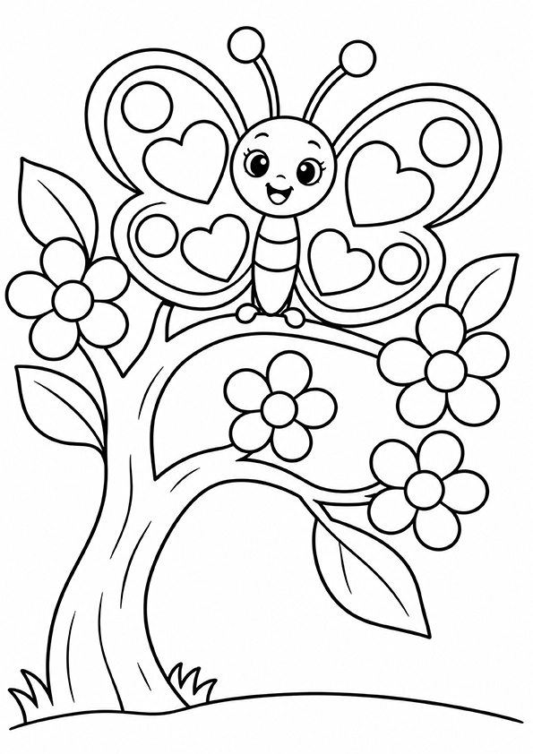 Butterfly And A Flowering Tree coloring page