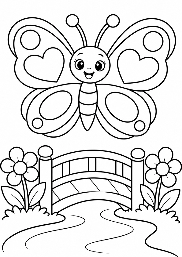 Butterfly And A Garden Bridge coloring page