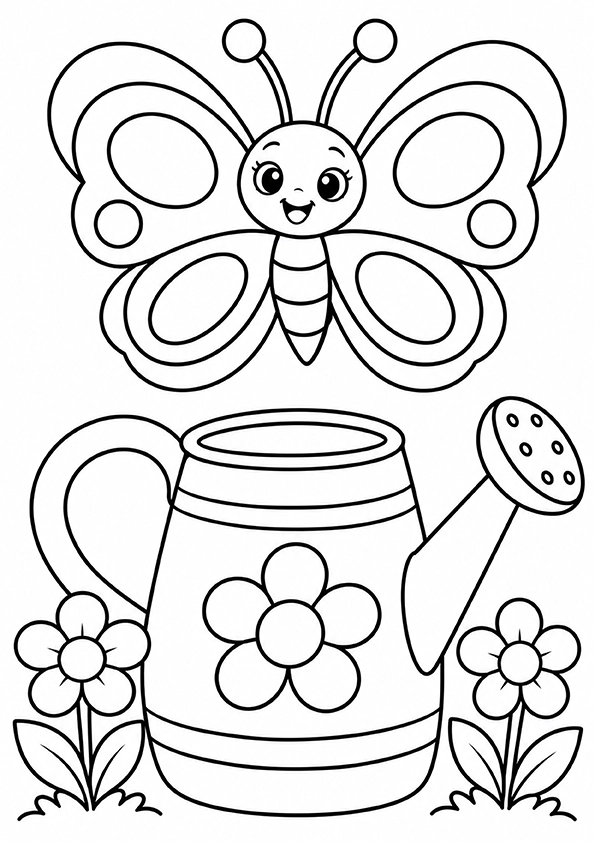 Butterfly And A Garden Watering Can coloring page