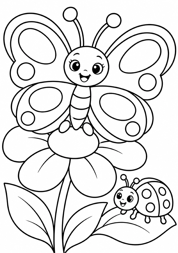 Smiling butterfly on a flower with a ladybug on a leaf