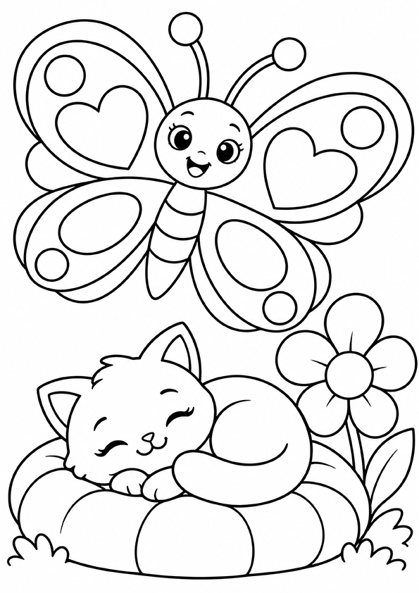 Butterfly And A Sleeping Kitten coloring page