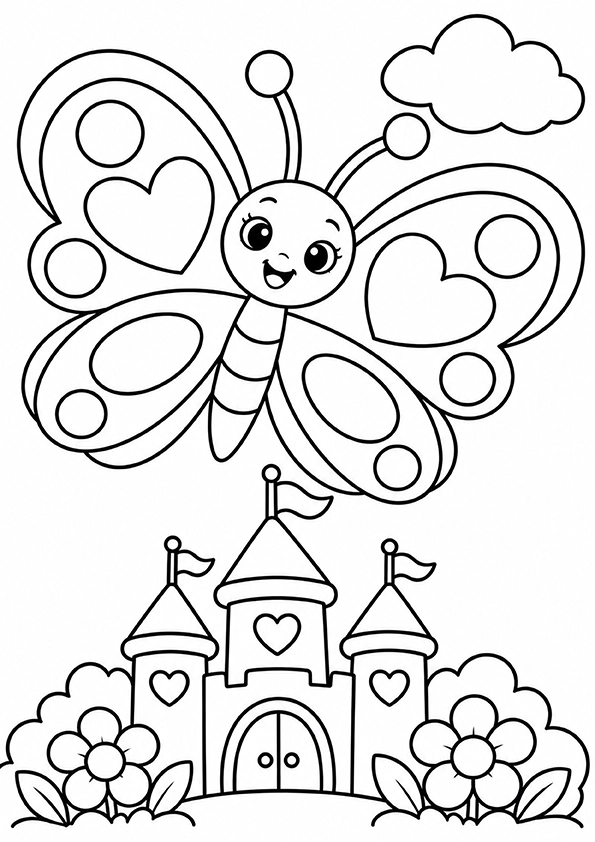 Butterfly Flying Over A Castle coloring page