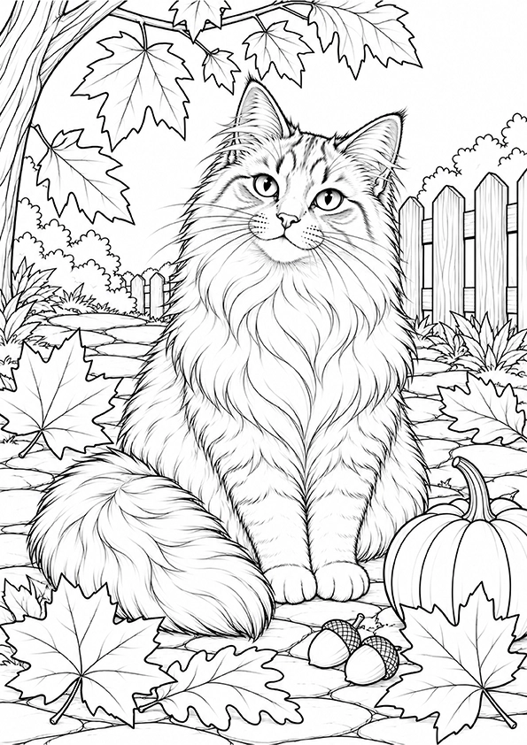 Cat Among Autumn Leaves coloring page