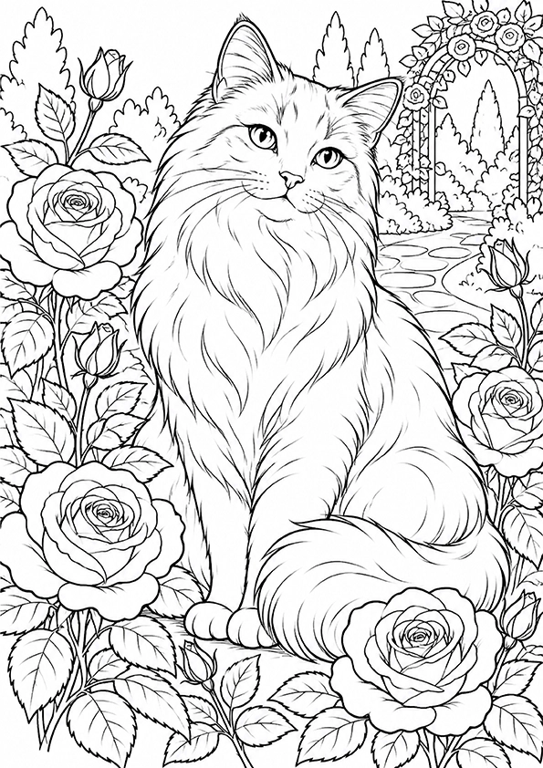 Cat Among The Roses coloring page