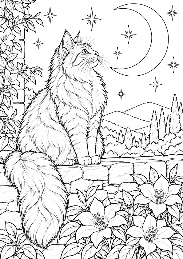 Cat Beneath The Crescent Moon coloring page