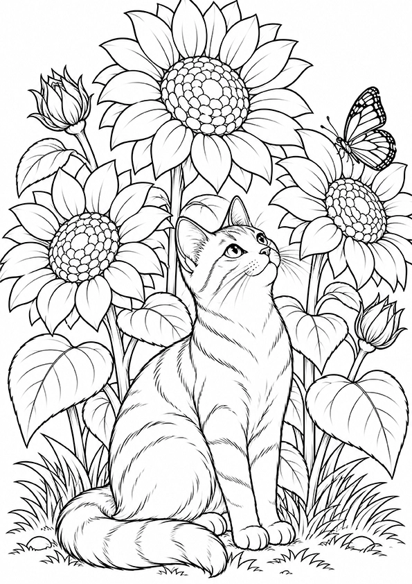 Cat Beneath The Sunflowers coloring page