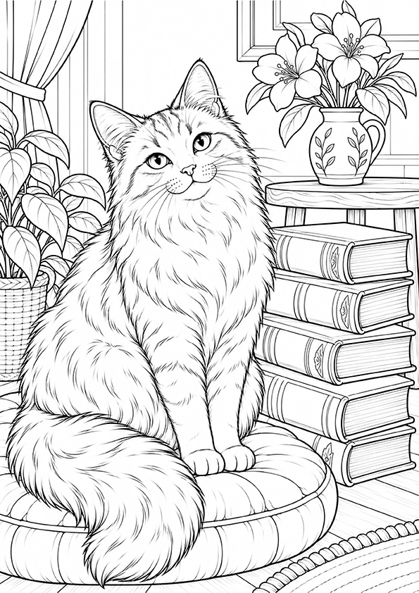 Cat Beside A Stack Of Books coloring page