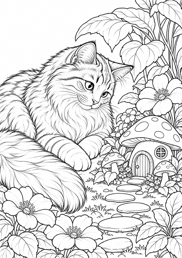 Cat Beside The Fairy Garden coloring page