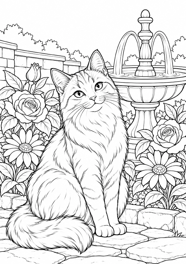Cat Beside The Garden Fountain coloring page