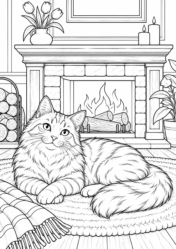 Cat By The Fireplace coloring page