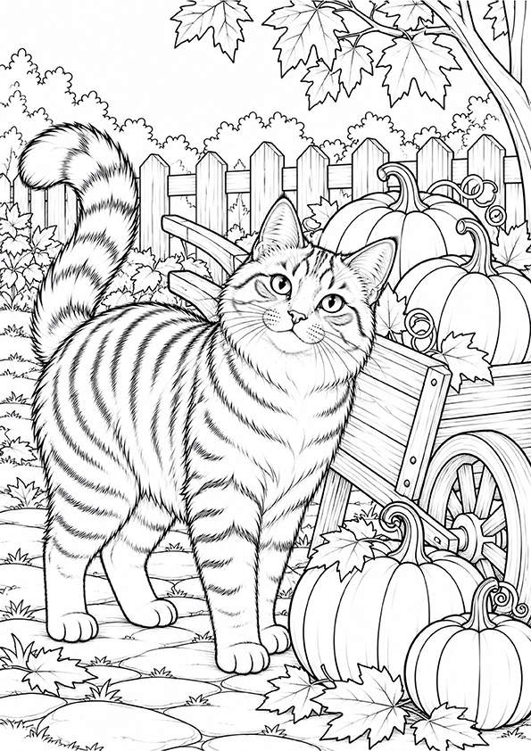 Cat In The Autumn Pumpkin Patch coloring page