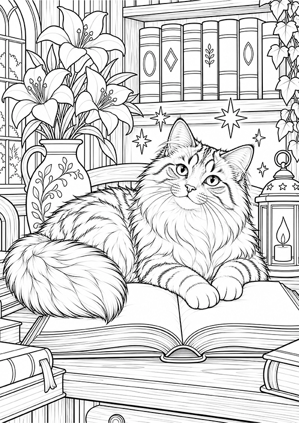 Cat In The Enchanted Library coloring page